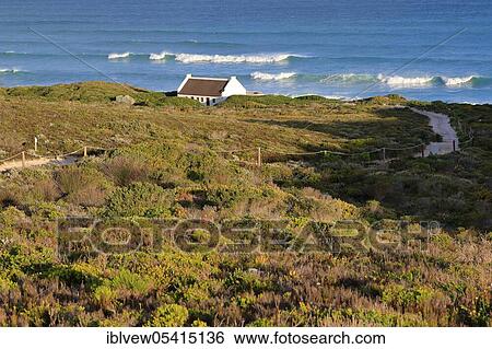Stock Photograph - Beach house, hiking trail, fynbos, De Hoop National Park, Western Cape, South Africa, Africa. Fotosearch