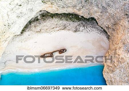 Stock Photo - Beach with shipwreck, drone shot, Navagio Beach, Zakynthos, Greece, Europe. Fotosearch
