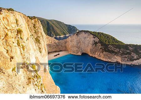 Stock Photograph - Beach with shipwreck, drone shot, Navagio Beach, Zakynthos, Greece, Europe. Fotosearch