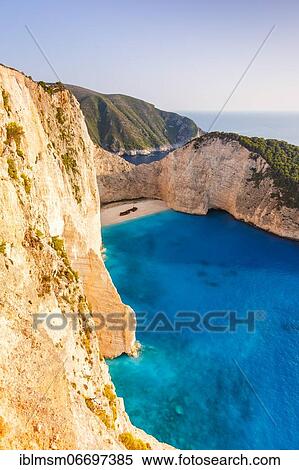 Stock Photography - Beach with shipwreck, drone shot, Navagio Beach, Zakynthos, Greece, Europe. Fotosearch