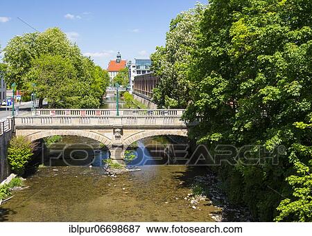 Stock Photo - Beer bridge over the Chemnitz, in the background the craftsmen school, on the right the market hall, Chemnitz, Saxony, Germany, Europe. Fotosearch