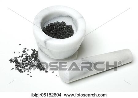 Picture - Black Hawaiian salt, lava salt, sea salt with activated carbon, salt, table salt, gourmet salt, mortar. Fotosearch