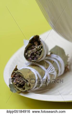 Stock Photograph - Bouquet garni, herb bouquet of bay leaf, thyme, oregano and savory. Fotosearch