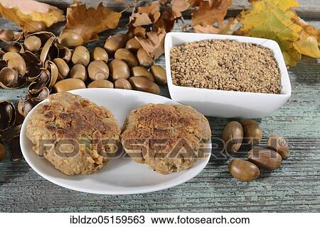 Burger of acorn flour and soya, English oak, summer oak (Quercus robur) View Large Photo Image Stock Image - Burger of acorn flour and soya, English oak, summer oak (Quercus robur). Fotosearch