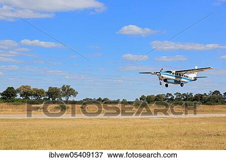 Stock Photo - Bush plane, small plane, airstrip, safari, Savuti, Chobe National Park, Botswana, Africa. Fotosearch