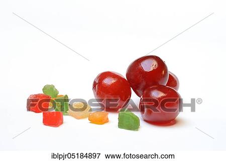 Stock Photo - Candied fruit, candied fruit cubes, fruit cubes, heart cherry, candied cherry. Fotosearch