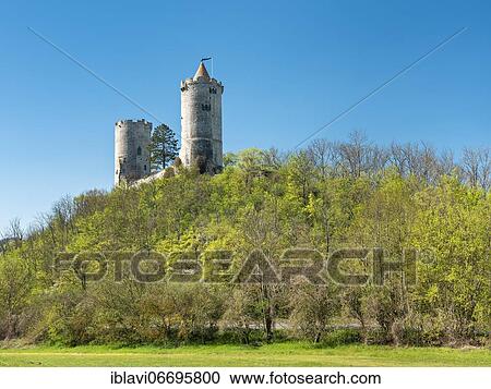 Stock Image - Castle ruin Saaleck in spring, Saale valley near Bad Kösen, Naumburg, Saxony-Anhalt, Germany, Europe. Fotosearch