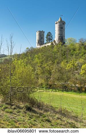 Stock Image - Castle ruin Saaleck in spring, Saale valley near Bad Kösen, Naumburg, Saxony-Anhalt, Germany, Europe. Fotosearch