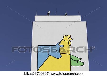 Stock Photo - Cattle, chicken, pig, drawn figures on a silo, Deuka Tierfutter, Neuss, North Rhine-Westphalia, Germany, Europe. Fotosearch