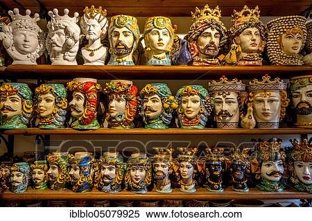 Stock Photography - Ceramic heads and decorations, Taormina, Southern Italy, Sicily, Italy, Europe. Fotosearch