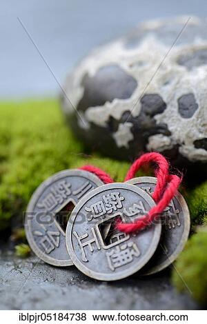 Stock Photo - Chinese lucky coins with moss and stone, luck. Fotosearch