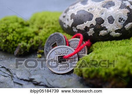 Stock Photo - Chinese lucky coins with moss and stone, luck. Fotosearch