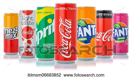 Stock Image - Coca Cola Coca-Cola products Fanta Sprite lemonade drinks in can exempted isolated in Germany. Fotosearch