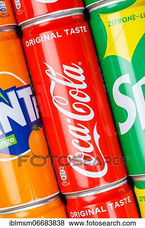 Stock Photo - Coca Cola Coca-Cola products Fanta Sprite lemonade soft drink beverage in beverage can portrait, Germany, Europe. Fotosearch