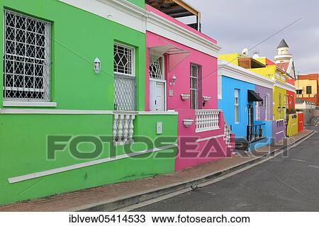 Stock Image - Coloured houses, Bo-Kaap, Cape Town, Western Cape, South Africa, Africa. Fotosearch