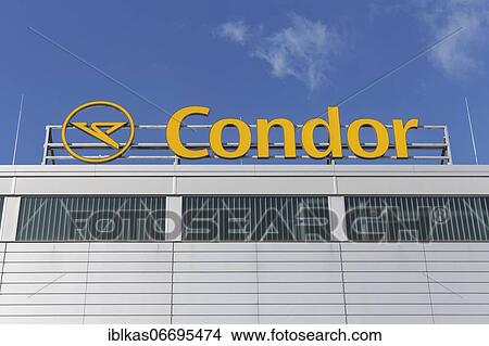 Picture - Condor, logo on Hangar 7, maintenance site at Düsseldorf Airport, Düsseldorf, North Rhine-Westphalia, Germany, Europe. Fotosearch