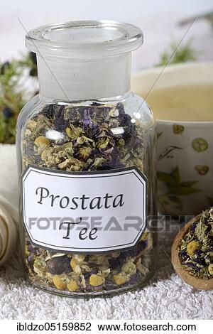 Stock Image - Cup of Prostate tea, willowherb, parsley root, bearberry leaf, german camomile, matricaria chamomilla, smooth rupturewort, blossoms of mallow, juniper berries, caraway, (Glandula prostatica), (Matricaria chamomilla), (Herniaria glabra), (Malvae flo.... Fotosearch