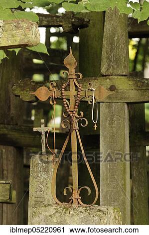 Stock Image - Decorated wrought iron cross, sacred mountain Grabarka, Swieta Gora Garbarka, Poland, Europe. Fotosearch