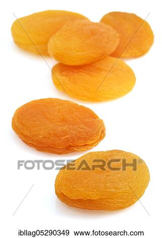 Stock Photo - Dried apricot (Prunus armeniaca), dried fruit against white background. Fotosearch