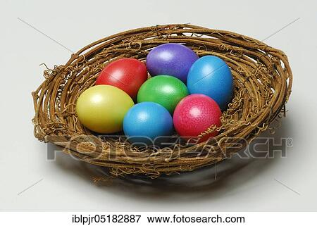 Stock Photo - Easter eggs in basket, basket, bowl, easter egg, egg, eggs, easter, easter, easter, chicken eggs, tradition, traditional, dyed, painted, basket. Fotosearch