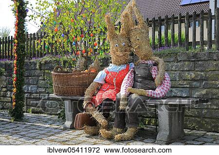 Stock Image - Easter fountain, Easter bunny, Taisersdorf, Linzgau, Baden-Württemberg, Germany, Europe. Fotosearch