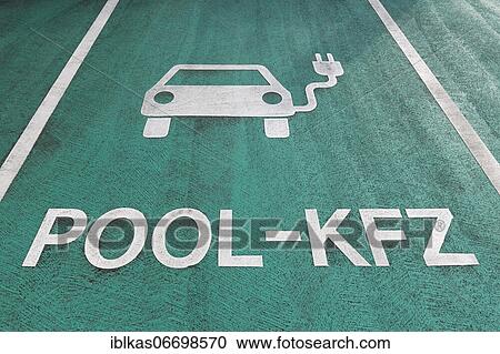 Stock Image - Electric car company parking lot, pool car, pictogram on the ground, Neuss, North Rhine-Westphalia, Germany, Europe. Fotosearch