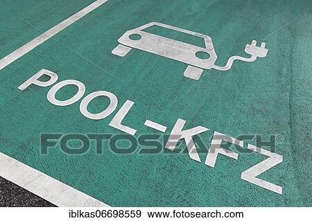 Stock Photo - Electric car company parking lot, pool car, pictogram on the ground, Neuss, North Rhine-Westphalia, Germany, Europe. Fotosearch