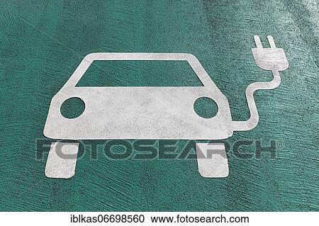 Stock Image - Electric car pictogram on the ground, parking lot, Neuss, North Rhine-Westphalia, Germany, Europe. Fotosearch