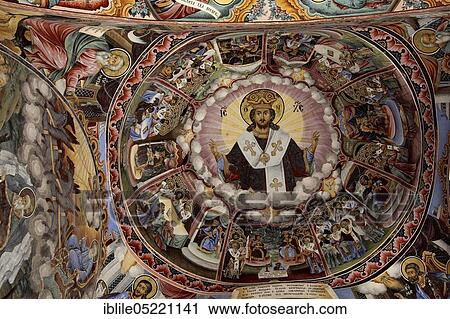 Stock Image - Exterior wall painting, vault, Rila Monastery, Bulgaria, Europe. Fotosearch
