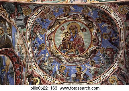 Stock Image - Exterior wall painting, vault, Rila Monastery, Bulgaria, Europe. Fotosearch