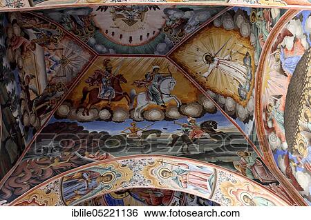 Stock Photograph - Exterior wall painting, vault, Rila Monastery, Bulgaria, Europe. Fotosearch