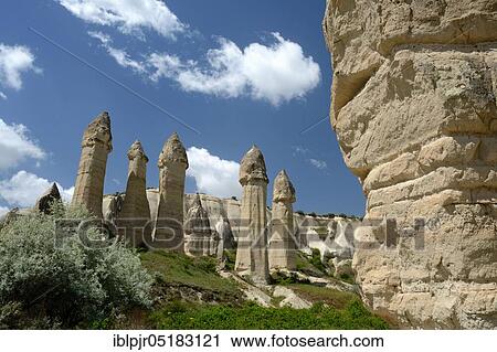 Stock Image - Fairy landscape, Central Anatolia, Anatolia, Tuff, Tuff landscape, Fairy fireplaces, Love Valley, Cappadocia, Turkey, Asia. Fotosearch