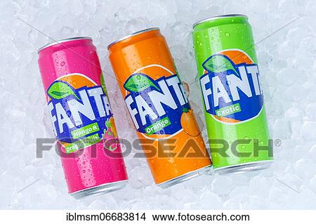 Picture - Fanta lemonade soft drink beverages in beverage cans ice cube ice cubes, Germany, Europe. Fotosearch