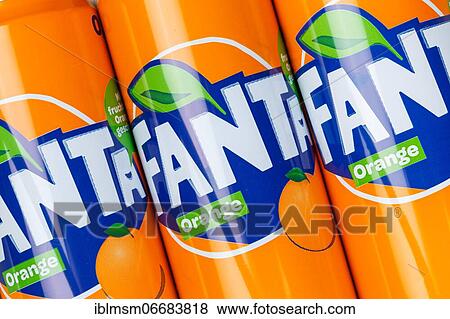 Stock Photo - Fanta Orange lemonade soft drink beverage in beverage can background, Germany, Europe. Fotosearch