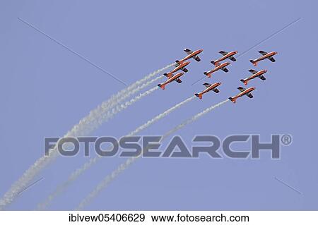 Stock Photo - Formation flight, Swiss aerobatic squadron Patrouille Suisse, Swiss Air Force, Rapperswil, Canton St. Gallen, Switzerland, Europe. Fotosearch
