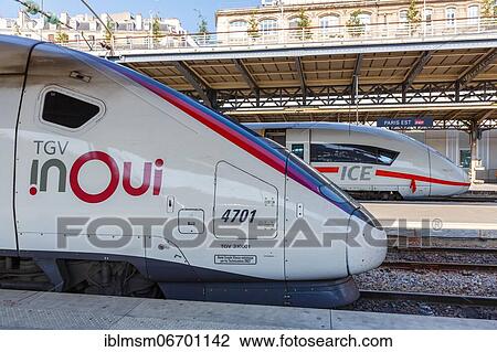 French TGV and German ICE high speed train Deutsche Bahn DB train HGV Paris Est Station, Paris, France, Europe View Large Photo Image Stock Image - French TGV and German ICE high speed train Deutsche Bahn DB train HGV Paris Est Station, Paris, France, Europe. Fotosearch
