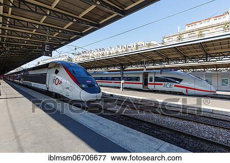 French TGV and German ICE high speed train HGV at Paris Est Station in Paris, France, Europe View Large Photo Image Stock Photo - French TGV and German ICE high speed train HGV at Paris Est Station in Paris, France, Europe. Fotosearch