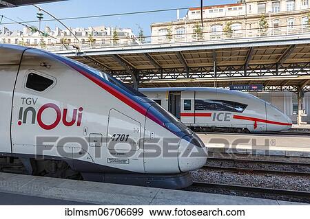 French TGV and German ICE high speed train HGV at Paris Est Station in Paris, France, Europe View Large Photo Image Stock Photo - French TGV and German ICE high speed train HGV at Paris Est Station in Paris, France, Europe. Fotosearch