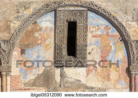 Stock Image - Frescoes of Tigran Honents Church in Ani is a ruined medieval Armenian town, now in the Turkish province of Kars and next to the closed border with Armenia. Fotosearch