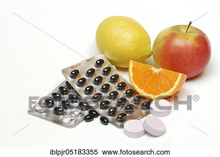 Fruit and food supplements, orange, lemon, apple, dragées, effervescent tablets, deficient food View Large Photo Image Stock Photography - Fruit and food supplements, orange, lemon, apple, dragées, effervescent tablets, deficient food. Fotosearch