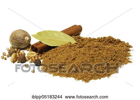 Garam Masala, Indian spice powder, spice mix, spoon, ingredients cardamom, coriander, nutmeg, bay leaf, allspice, cinnamon View Large Photo Image Picture - Garam Masala, Indian spice powder, spice mix, spoon, ingredients cardamom, coriander, nutmeg, bay leaf, allspice, cinnamon. Fotosearch