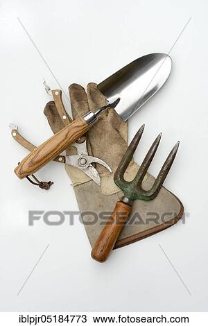 Stock Image - Garden tool, Garden tools, Garden shears, Garden shovel, Hand fork, Shovel. Fotosearch