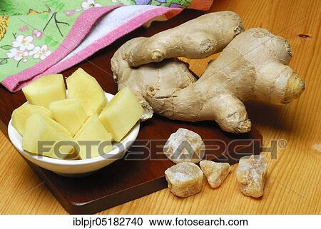 Stock Image - Gingercandy, candy, pieces, tuber, (Zingiber officinale), candied. Fotosearch