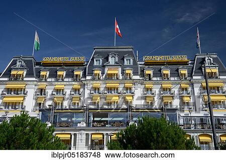 Stock Photo - Grand Hotel Suisse Majestic, luxury hotel, Lake Geneva, Montreux, Switzerland, Europe. Fotosearch