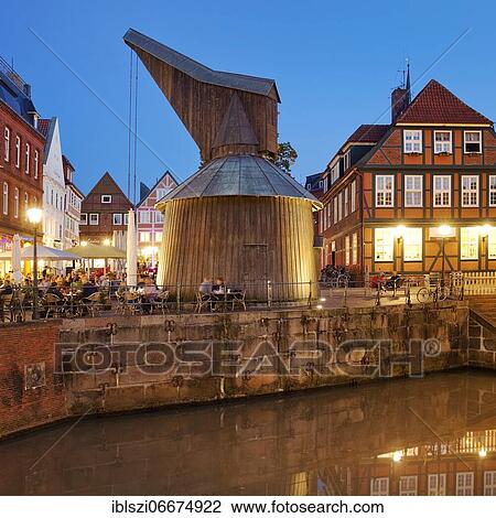Hanseatic harbour with the Holztretkrahn in the evening, old town, Stade, Lower Saxony, Germany, Europe View Large Photo Image Stock Image - Hanseatic harbour with the Holztretkrahn in the evening, old town, Stade, Lower Saxony, Germany, Europe. Fotosearch