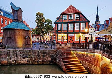 Hanseatic harbour with the Holztretkrahn in the evening, old town, Stade, Lower Saxony, Germany, Europe View Large Photo Image Stock Image - Hanseatic harbour with the Holztretkrahn in the evening, old town, Stade, Lower Saxony, Germany, Europe. Fotosearch
