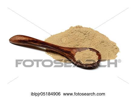 Stock Photograph - Healing earth powder with spoon, red clay, clay. Fotosearch