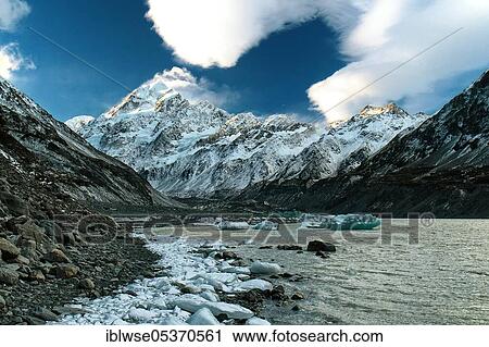 Stock Image - Hooker Lake, Mount Cook National Park, Canterbury, New Zealand, Oceania. Fotosearch