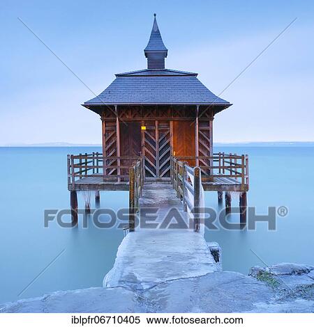 Stock Photography - Iced bathhouse at dawn, Lake Neuchâtel, Gorgier, Neuchâtel, Switzerland, Europe. Fotosearch