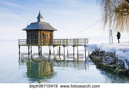 Iced bathhouse, Lake Neuchâtel, Gorgier, Neuchâtel, Switzerland, Europe View Large Photo Image Stock Photo - Iced bathhouse, Lake Neuchâtel, Gorgier, Neuchâtel, Switzerland, Europe. Fotosearch